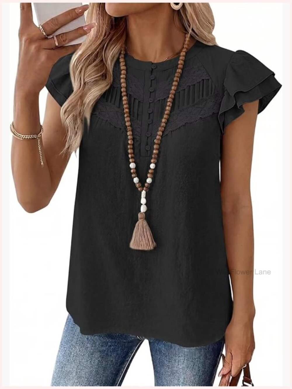 Boho Blouse Ruffle Sleeve Lace Crochet Split Neck Pleated Top